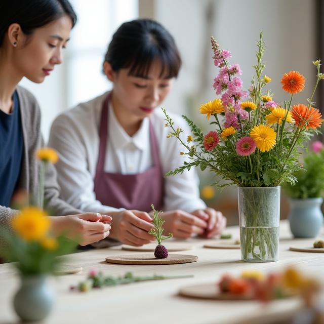 A student carefully arranging flowers in an Ikebana workshop.